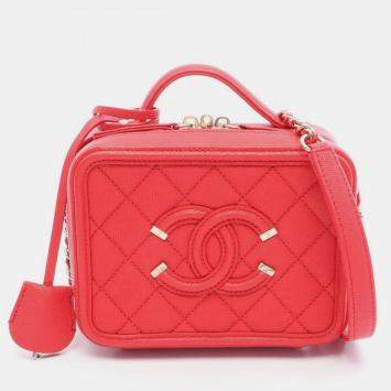 Pre Owned Chanel Cc Figley Small Vanity Bag Shoulder In Calfskin Leather Red