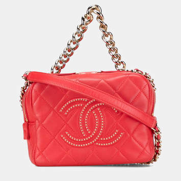 Pre Owned Chanel Matelasse Studs Coco Mark Chain Shoulder Bag In Red And Gold Lambskin