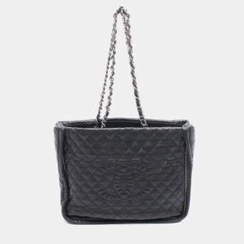 Pre Owned Chanel Matelasse Chain Tote Bag In Lambskin Leather Black