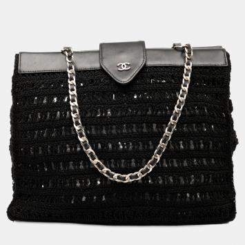Pre Owned Chanel Black CC Crochet Raffia Chain Tote