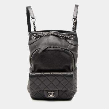 Pre Owned Chanel Black Small CC Calfskin Drawstring Flap Backpack