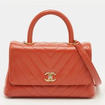 Pre Owned Chanel Mini Coco Orange Chevron Leather Top Handle Bag