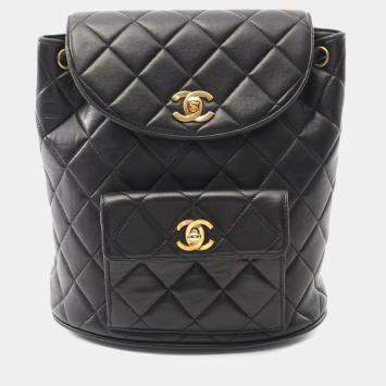 Pre Owned Chanel Matelasse Backpack Bag In Lambskin Leather Black