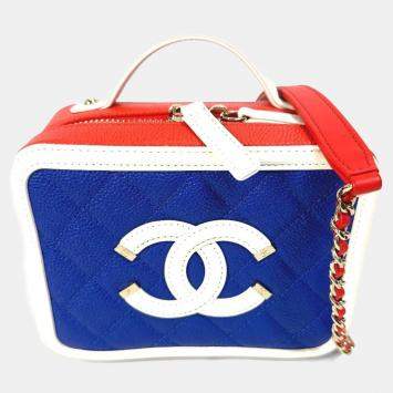 Pre Owned Chanel Coco Mark Cc Filigree Vanity Bag Tricolor Shoulder Caviar Leather Red