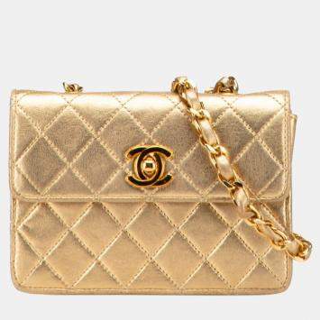 Pre Owned Chanel Mini Matelasse Coco Mark Chain Shoulder Bag In Gold Lambskin