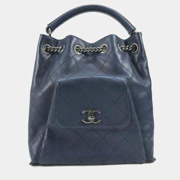 Pre Owned Chanel Matelasse Cc Coco Mark Chain 3-Way Drawstring Handbag Bag Shoulder Leather Blue