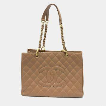 مملوكة مسبقًا Chanel Deka Coco Cc Mark Tote Bag Matelasse Double Chain Shoulder Caviar Skin Beige