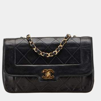 Pre Owned Chanel Diana Matelasse Coco Mark Chain Shoulder Bag In Black Lambskin