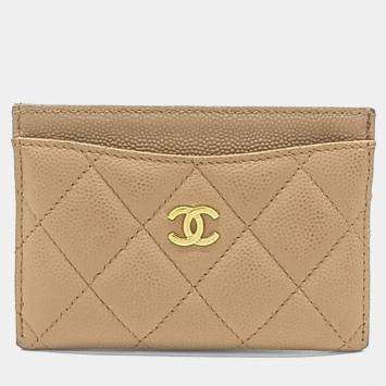 Pre Owned Chanel Beige Caviar Leather Caviar Card Holder