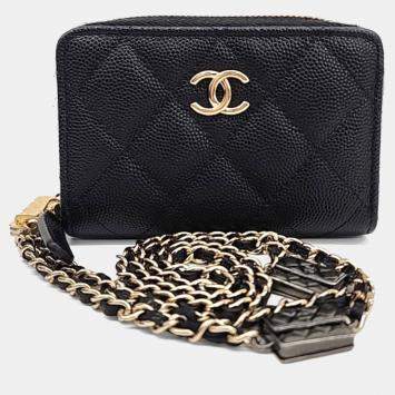 Pre Owned Chanel Black Caviar Leather Caviar Chain Card Holder