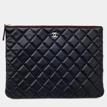 Pre Owned Chanel Black Leather Lambskin Clutch New Medium