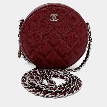 Pre Owned Chanel Red Leather Round Crossbody Bag