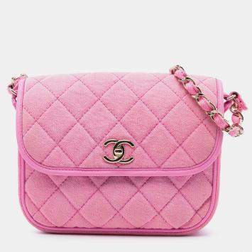 Pre Owned Chanel Pink Small CC Quilted Denim Messenger Flap