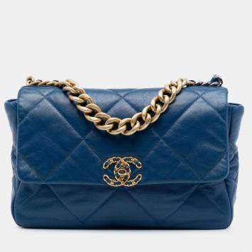 Pre Owned Chanel Blue Large Lambskin 19 Flap