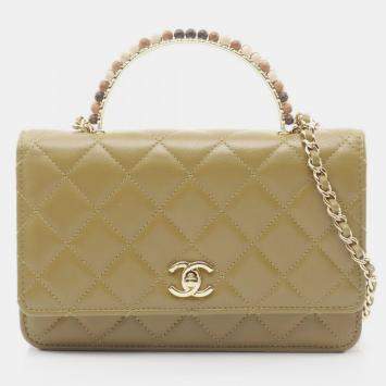 Pre Owned Chanel CC Strass on Top Khaki Leather Wallet on Chain