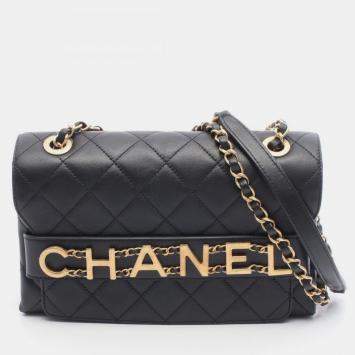 Pre Owned Chanel Enchained Black Leather Flap Bag