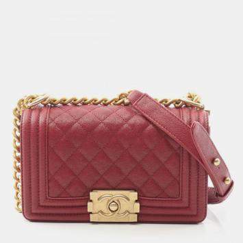 Pre Owned Chanel Boy Small Red Calf Leather Shoulder Bag