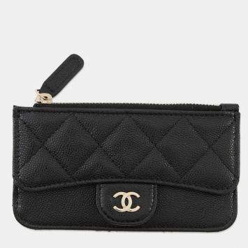 Pre Owned Chanel Matelasse Classic Zip Card Case Black Caviar Leather
