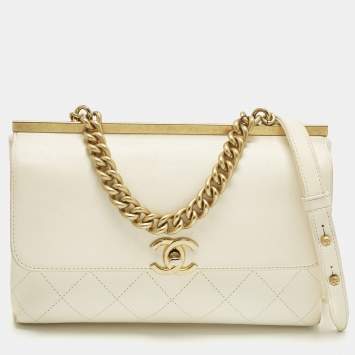 Pre Owned Chanel Coco Luxe Small Off White Quilted Leather Flap Bag