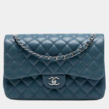 Pre Owned Chanel Blue Jumbo Classic Lambskin Double Flap