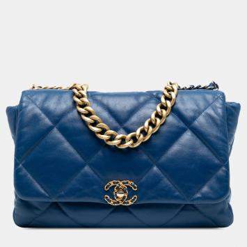 Pre Owned Chanel Blue Maxi Lambskin 19 Flap