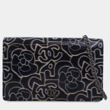 Pre Owned Chanel Blue CC Embossed Patent Camellia Wallet On Chain
