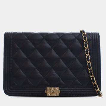 Pre Owned Chanel Black Quilted Caviar Boy Wallet on Chain