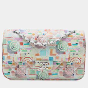 Pre Owned Chanel White Medium Quilted Printed Leather Umbrella Double Flap