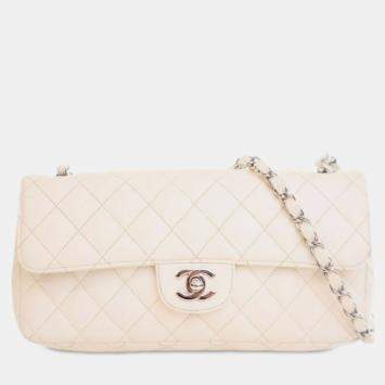 Pre Owned Chanel White Classic Caviar East West Single Flap