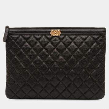 Pre Owned Chanel Black Medium Quilted Caviar Boy O Case Clutch