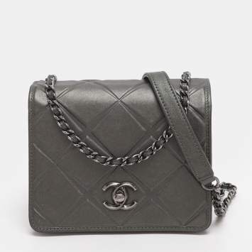 Pre Owned Chanel Propeller Mini Metallic Grey Leather Flap Bag