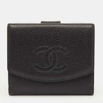 Pre Owned Chanel Black Caviar Leather CC Interlocking Compact Wallet