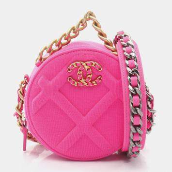 Pre Owned Chanel 19 Pink Jersey Round Clutch on Chain Shoulder Bag