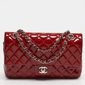 Pre Owned Chanel Classic Double Medium Red Quilted Patent Leather Flap Bag