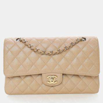 Pre Owned Chanel Medium Iridescent Beige Caviar Classic Double Flap Bag