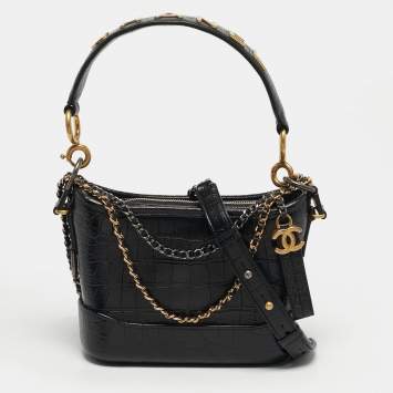 Pre Owned Chanel Gabrielle Small Black Croc Embossed Leather Bucket Bag