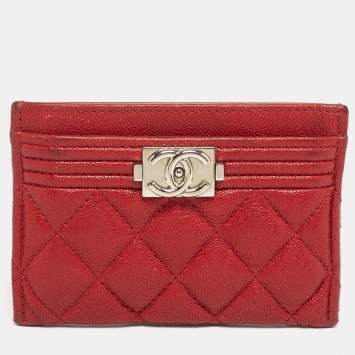 Pre Owned Chanel Boy Red Caviar Quilted Leather Card Holder
