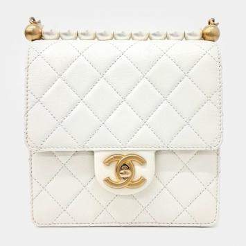 Pre Owned Chanel White Leather Pearl Chain Crossbody Bag