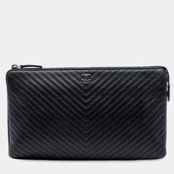 Pre Owned Chanel Black CC Chevron Caviar Zip Clutch
