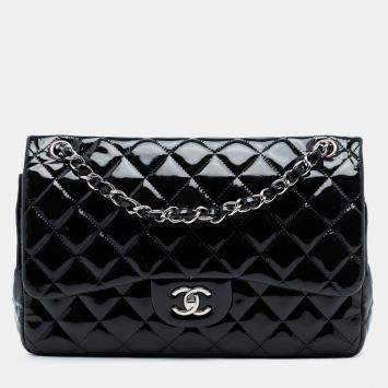 Pre Owned Chanel Black Jumbo Classic Patent Double Flap