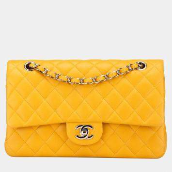 Pre Owned Chanel Matelasse Coco Mark Double Flap Chain Shoulder Bag In Yellow And Silver Lambskin