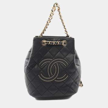Pre Owned Chanel Matelasse Studded Coco Mark Backpack Leather Black
