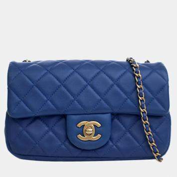 Pre Owned Chanel Blue Mini Rectangular Classic Lambskin Pearl Crush Single Flap