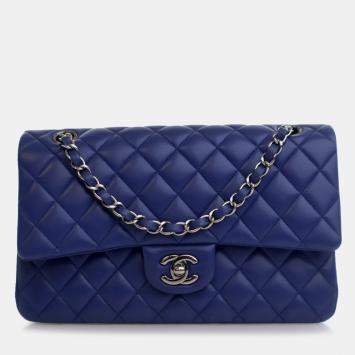 Pre Owned Chanel Blue Medium Classic Lambskin Double Flap