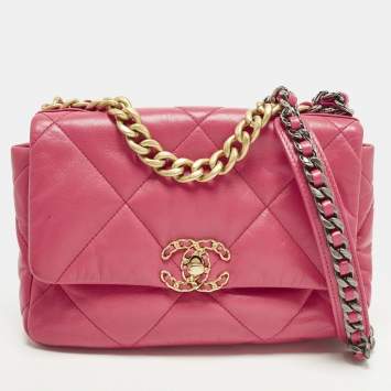 Pre Owned Chanel 19 Small Pink Quilted Leather Flap Bag