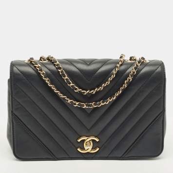 Pre Owned Chanel Statement Medium Black Chevron Leather Flap Bag