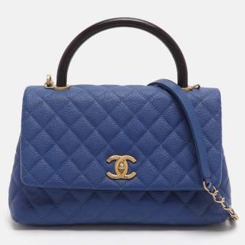 Pre Owned Chanel Coco Blue/Burgundy Quilted Caviar Leather and Lizard Embossed Top Handle Bag