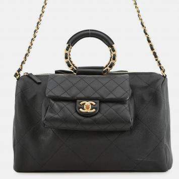 Pre Owned Chanel Bowling Bag Black Caviar Leather Lambskin Size Large