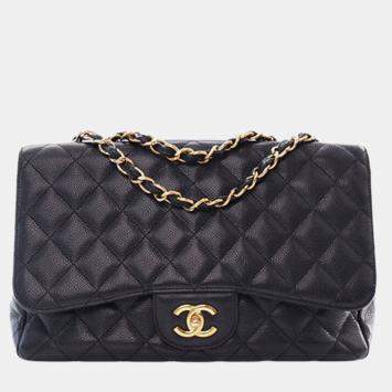 Pre Owned Chanel Black Jumbo Classic Caviar Single Flap