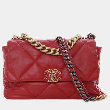 Pre Owned Chanel Red Large Lambskin 19 Flap